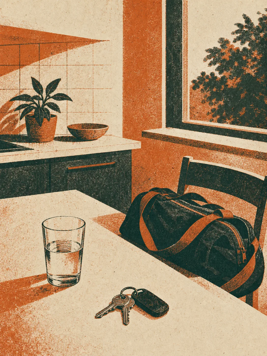 Un sac de sport posé sur une chaise, un verre d'eau et des clés sur une table de cuisine au matin